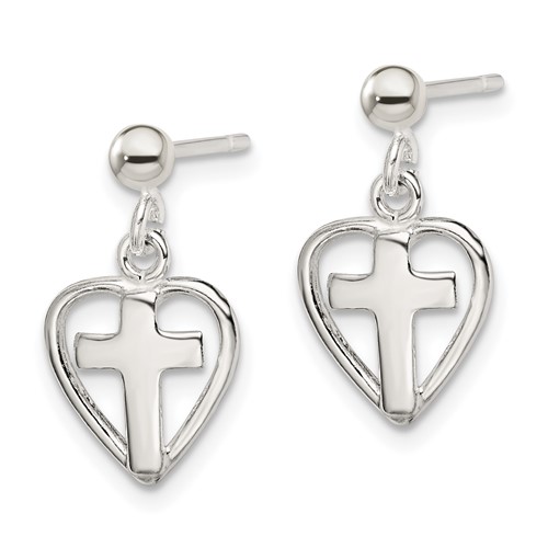 Sterling Silver 1/2in Cross in Heart Dangle Earrings