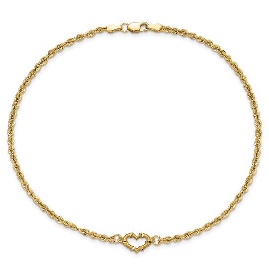 10k Yellow Gold Rope Anklet with Heart 9in