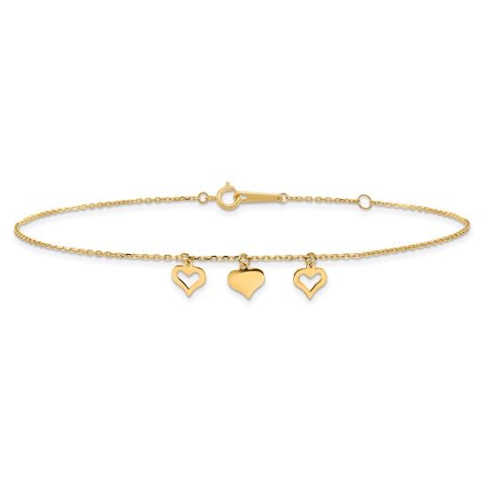 10k Yellow Gold Rope Anklet with Three Heart Charms 10in