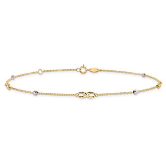 10k Two-tone Gold Infinity Symbol and Diamond-cut Beads Anklet With Extender