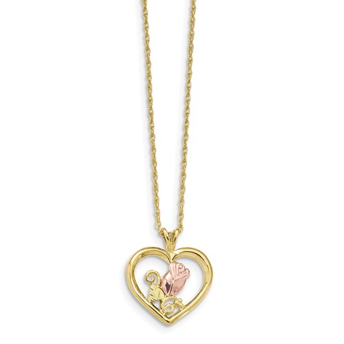 10k Tri-Color Gold Black Hills Gold Rose In Heart Necklace
