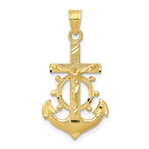 10k Yellow Gold Textured Diamond-cut Mariner's Cross Pendant 3/4in