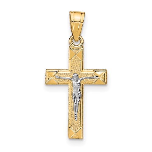 10k Yellow Gold and Rhodium Block Crucifix Pendant 3/4in