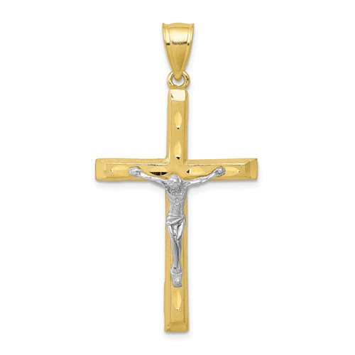 10k Yellow Gold and Rhodium Crucifix Pendant 1.5in