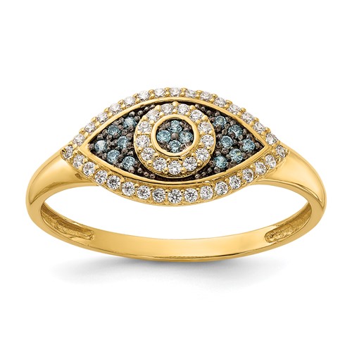 10k Yellow Gold White and Blue CZ Evil Eye Ring Accent Stones