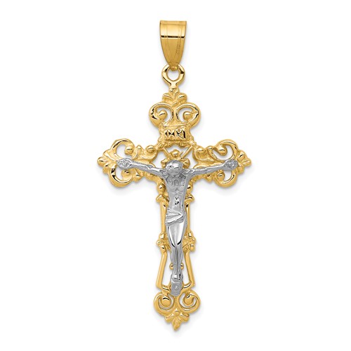 10k Two-tone Gold INRI Fleur De Lis Crucifix Pendant 1.5in