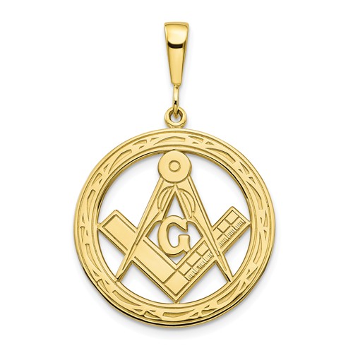 10k Yellow Gold Round Masonic G Compass and Square Pendant 1in