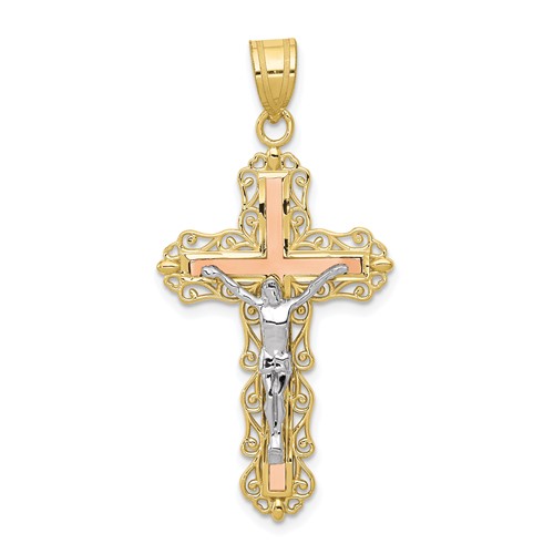 10k Tri-Color Gold Diamond-Cut Crucifix Pendant 1.25in