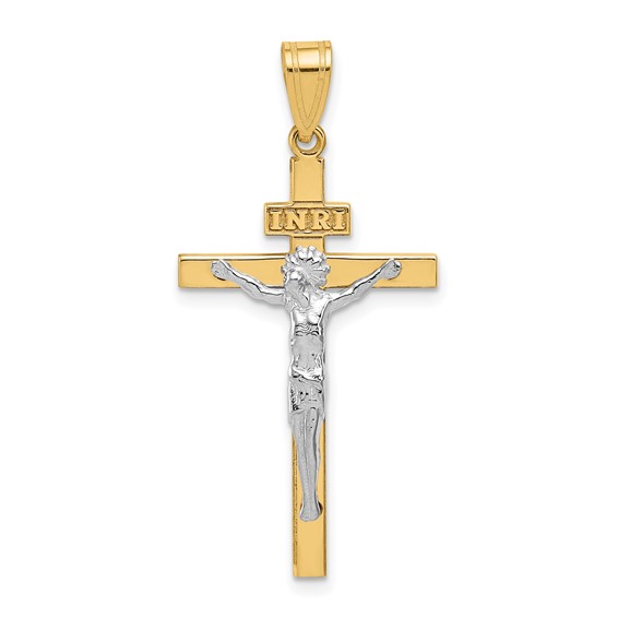 10k Two-tone Gold Polished INRI Crucifix Pendant 1.25in