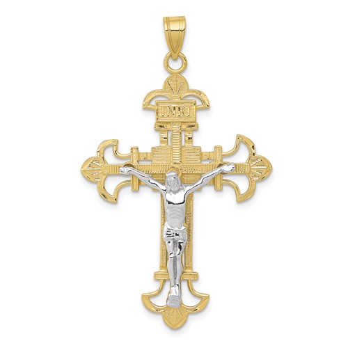 10k Two-tone Gold Budded INRI Crucifix Pendant 1.5in