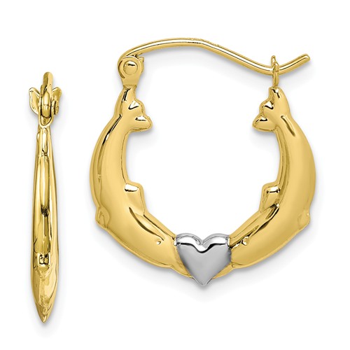 10k Yellow Gold Rhodium Dolphin Heart Hoop Earrings 5/8in