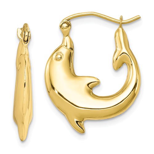 10k Yellow Gold Dolphin Hoop Earrings 3/4in