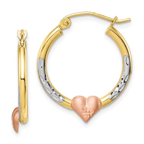 10k Yellow and Rose Gold Heart Hoop Earrings with Rhodium 3/4in