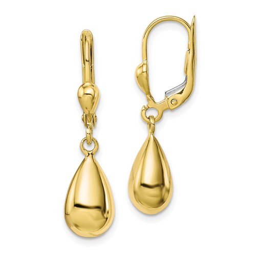 10k Yellow Gold Hollow Teardrop Leverback Dangle Earrings