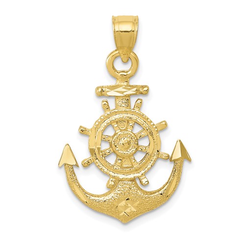10k Yellow Gold Anchor Pendant with Ship's Wheel Satin Finish 1in