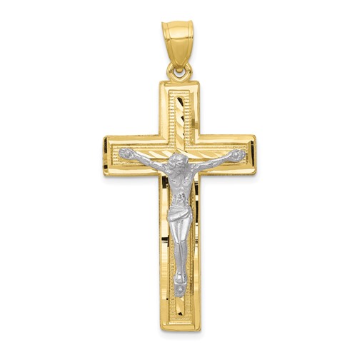 10k Two-Tone Gold Block Crucifix Pendant Diamond-cut Texture 1.5in