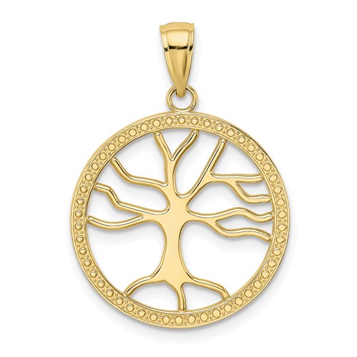 10k Yellow Gold Round Tree of Life Pendant with Beaded Border 3/4in