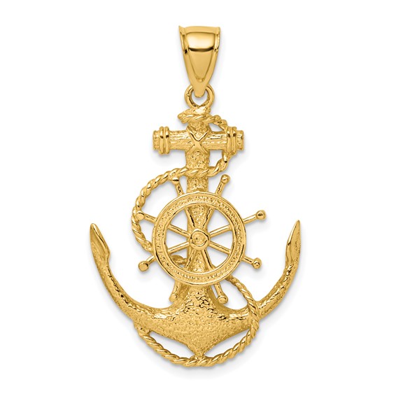 10k Yellow Gold 2-D Anchor and Wheel Pendant 1.25in