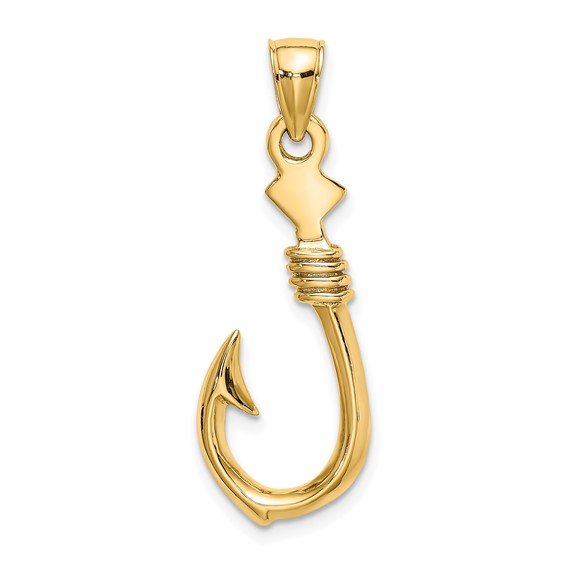 10k Yellow Gold Fish Hook Pendant with Rope 1in