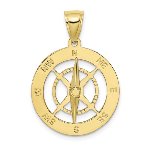 10k Yellow Gold Nautical Compass Pendant with Moveable Needle 7/8in
