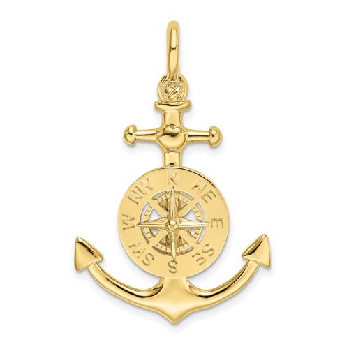 10k Yellow Gold Anchor With Nautical Compass Pendant 1in