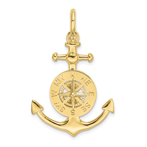 10k Yellow Gold Anchor With Nautical Compass Pendant 1in