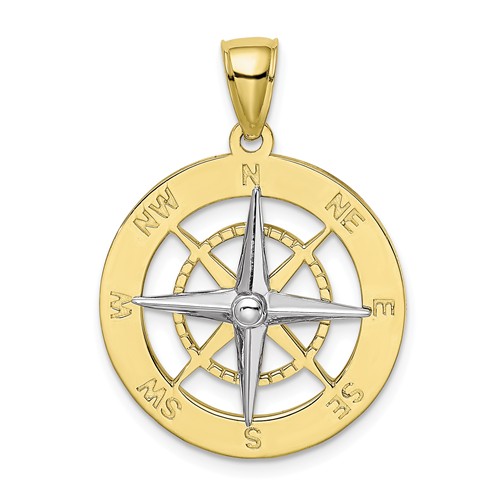 10k Yellow Gold and Rhodium Nautical Compass Pendant 7/8in