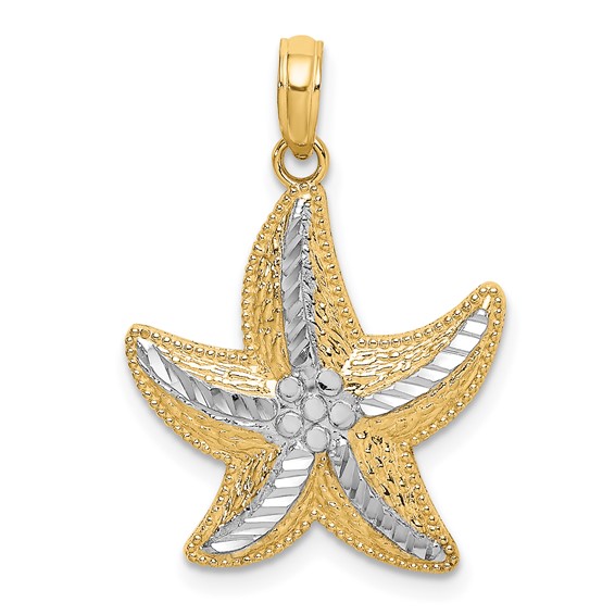 10k Yellow Gold and Rhodium Diamond-cut Starfish Pendant 3/4in