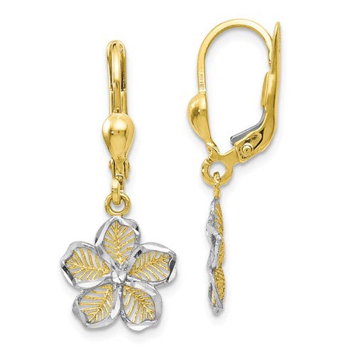 14k Yellow Gold Rhodium Filigree Flower Lever Back Earrings
