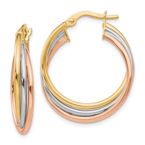 10k Tri-color Gold Polished and Textured Twisted Hoop Earrings 1in