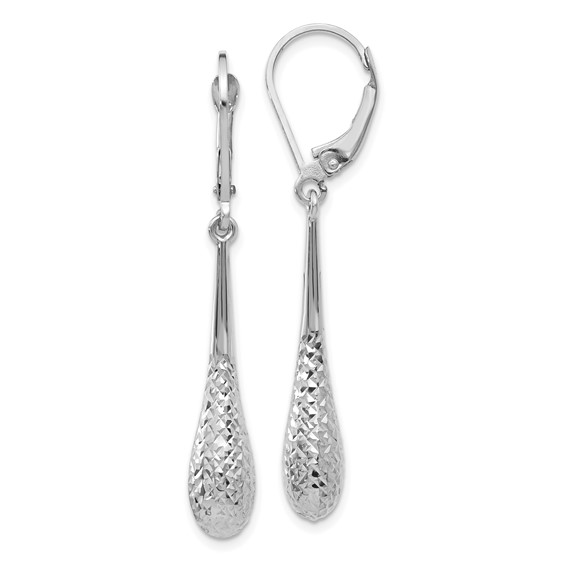 10k White Gold Diamond-cut Teardrop Leverback Earrings 1.75in