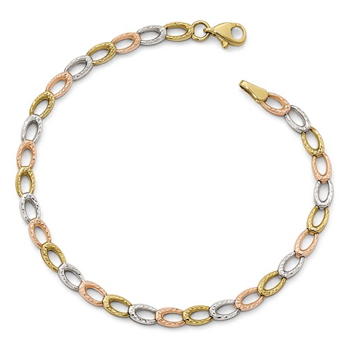10k Tri-color Gold Diamond-cut Oval Link Bracelet 7.25in