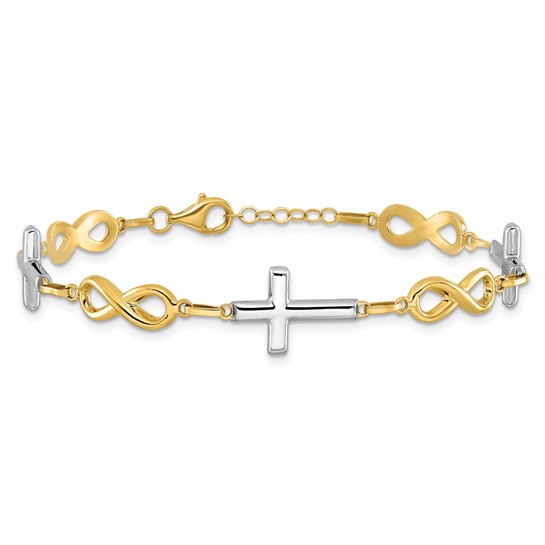 10k Two-tone Gold Cross and Infinity Charm Bracelet 7.5in