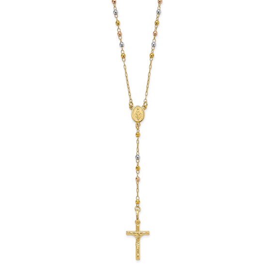 10k Tri-color Gold Faceted Beads Rosary Necklace