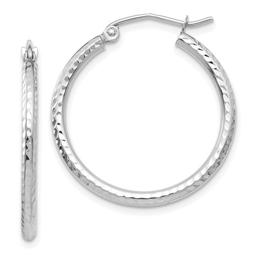 10k White Gold 1in Diamond-cut Hoop Earrings 2mm