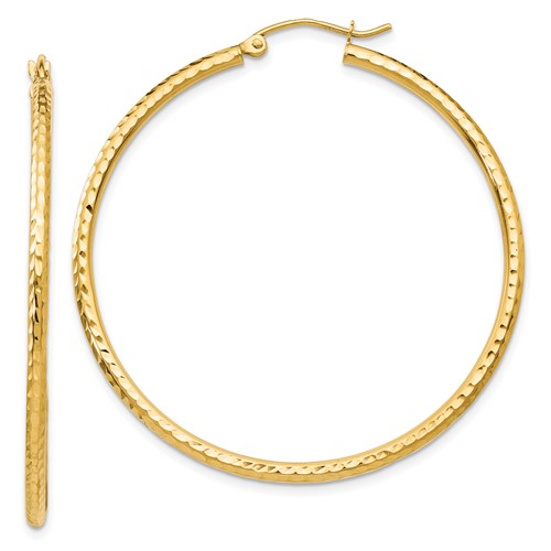 10k Yellow Gold 1.75in Diamond-cut Hoop Earrings 2mm Thick