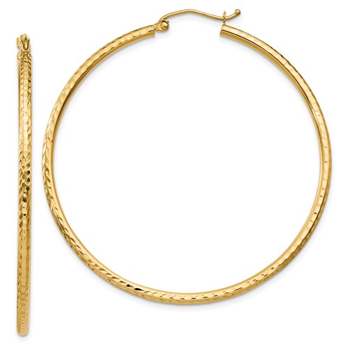 10k Yellow Gold 2in Diamond-cut Hoop Earrings 2mm
