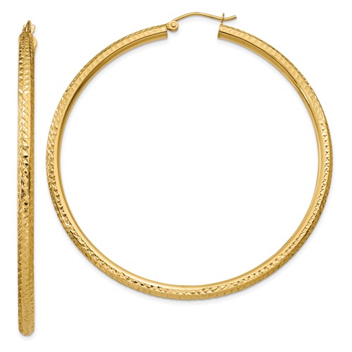 10k Yellow Gold 2.5in Diamond-cut Hoop Earrings 3mm Thick