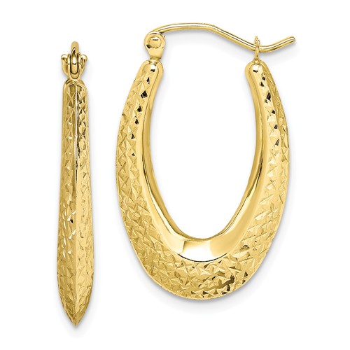 10k Yellow Gold Diamond-cut Textured Oval Hoop Earrings 1in