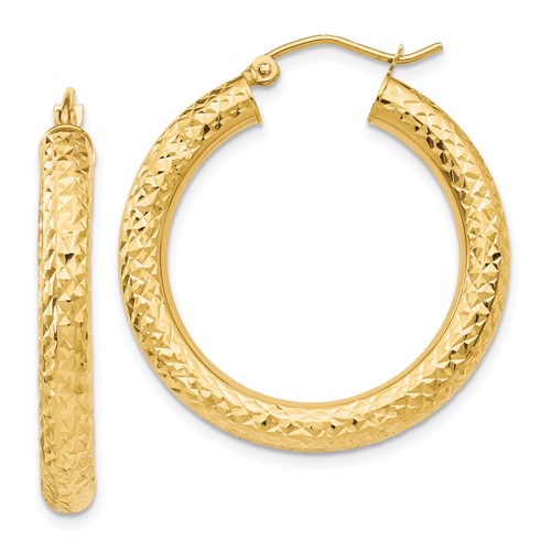 10k Yellow Gold 1.2in Diamond-cut Round Hoop Earrings 4mm