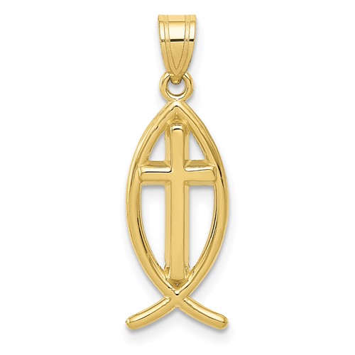 10k Yellow Gold Ichthus Fish Cross Pendant 3/4in