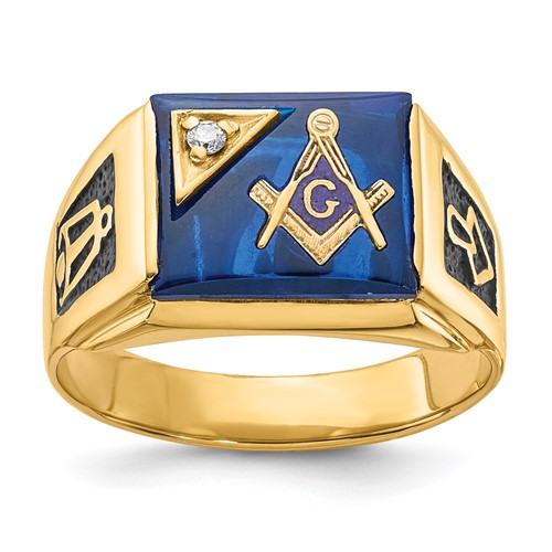10k Yellow Gold .01 ct Diamond Masonic Ring with Rectangular Blue Stone