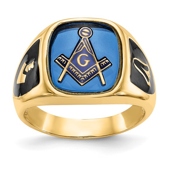 10k Yellow Gold Masonic Ring with Cushion Cut Blue Stone