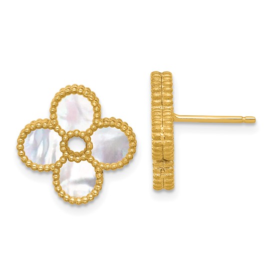 14k Yellow Gold Mother of Pearl Flower Earrings With Bead Edges