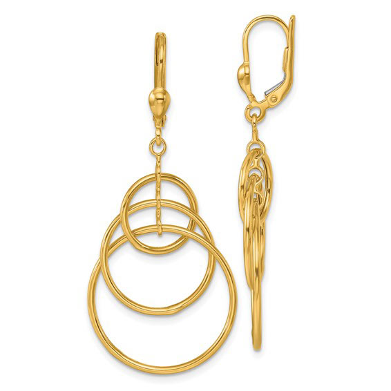 14k Yellow Gold Triple Circle Leverback Dangle Earrings