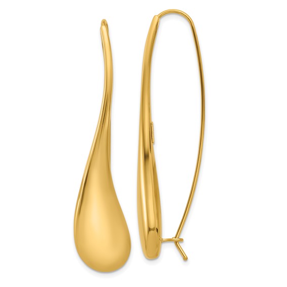 14k Yellow Gold Puffed Teardrop Wire Threader Earrings 2.2in