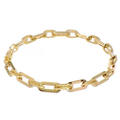 14k Yellow Gold Flat Oval Link Bracelet With Polished and Textured Finish 7.5in