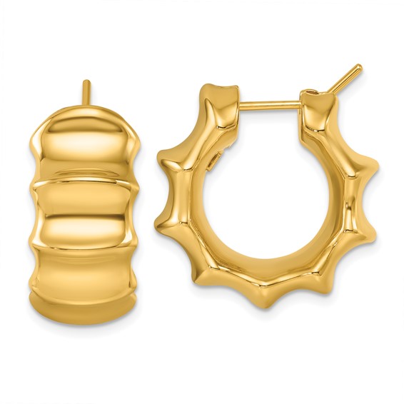 14k Yellow Gold Bamboo Hoop Earrings 7/8in