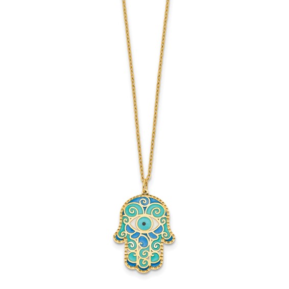 14k Yellow Gold Blue Enamel Hamsa Chamseh Necklace