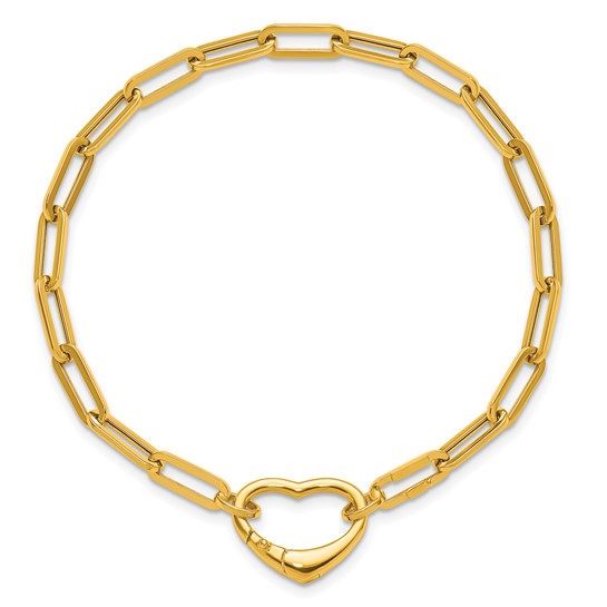14k Yellow Gold Slender Paper Clip Heart Charm Bracelet 7.25in